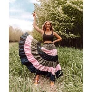 Anthropologie Hutch Penelope Pink Navy Blue Green Cotton Tiered Maxi Skirt Large